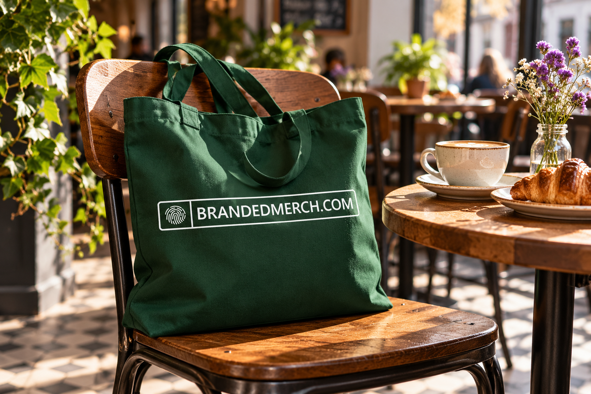 BrandedMerch bags promotional merchandise with the company logo in a lifestyle setting