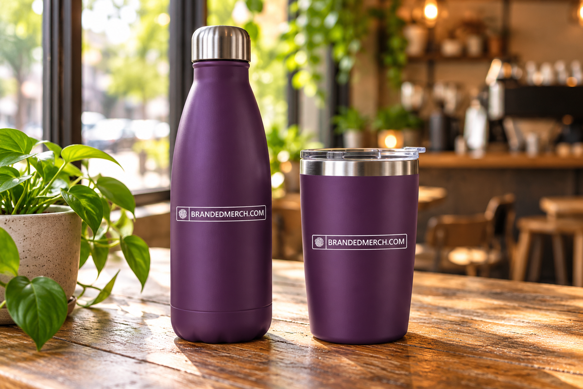 BrandedMerch drinkware promotional merchandise with the company logo in a lifestyle setting