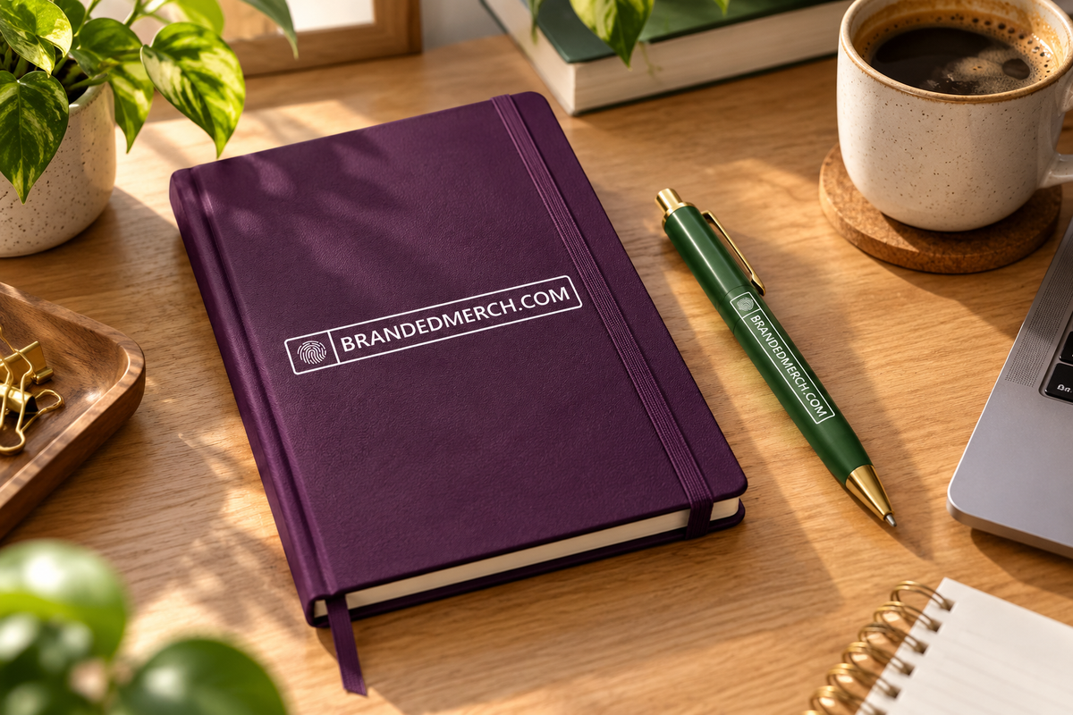 BrandedMerch office promotional merchandise with the company logo in a lifestyle setting