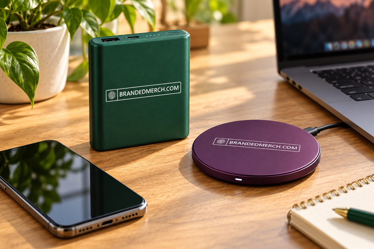 BrandedMerch technology promotional merchandise with the company logo in a lifestyle setting