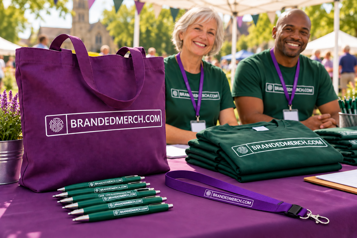 Branded merchandise with different people and a neatly arranged purple lanyard