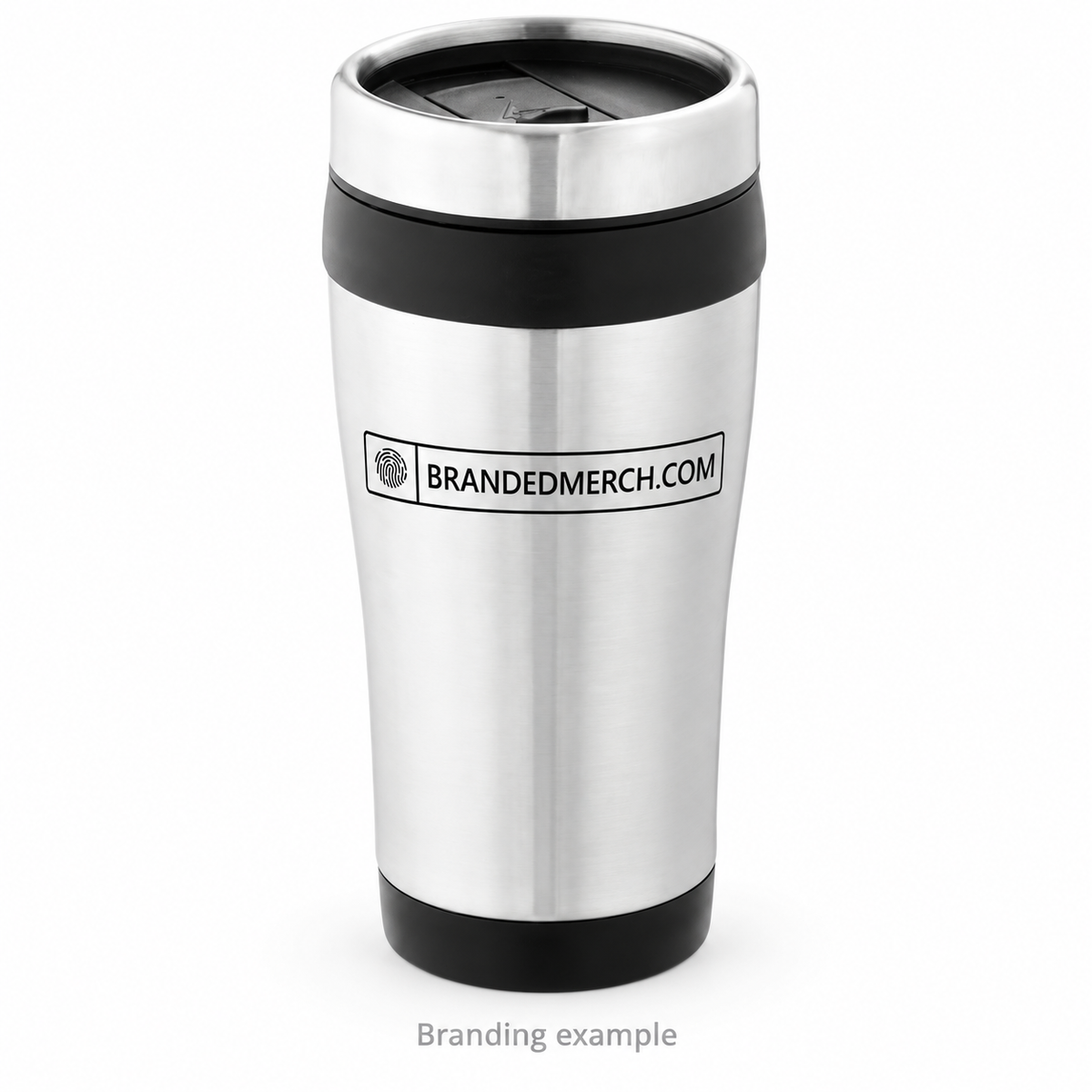 Branded Elwood 410ml insulated travel tumbler. Branding example.