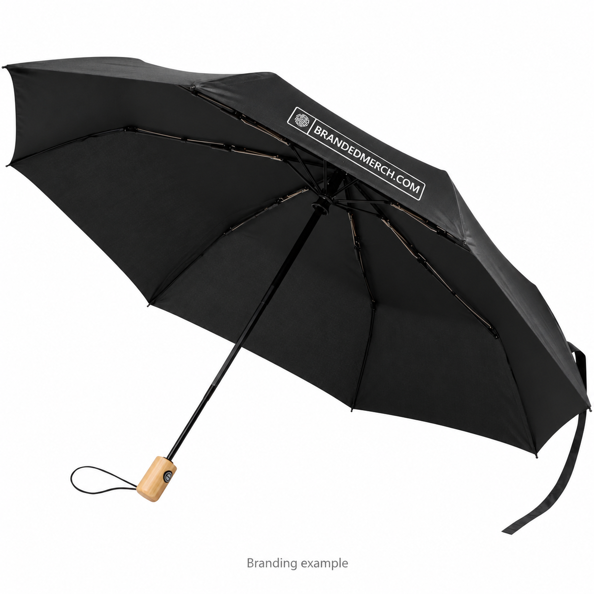 Branded Renee Bamboo Handle Folding Umbrella 23 Inch in black with BrandedMerch logo branding example