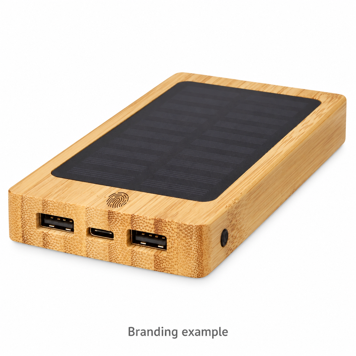 Branded Bamboo Solar Power Bank 8000mAh with BrandedMerch logo – branding example