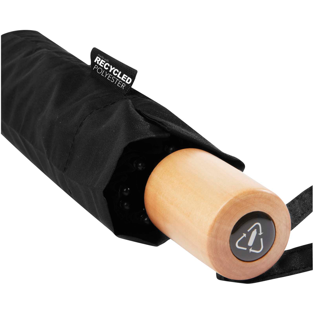 Branded Folding Windproof RPET Umbrella 21 Inch – Birgit – wooden handle and recycled-material label detail