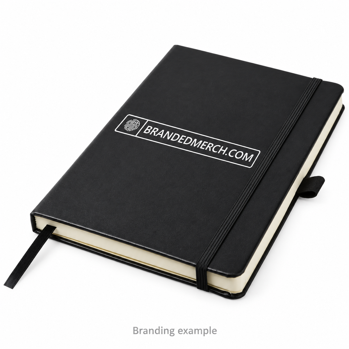 Branded A5 Hardback Notebook with BrandedMerch logo — branding example