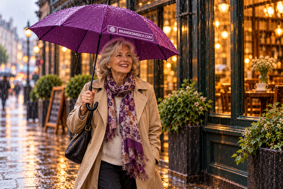 Older woman holding a purple BRANDEDMERCH.COM umbrella in the rain