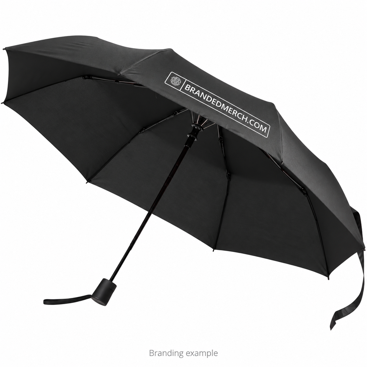 Black Agnes folding umbrella with BrandedMerch company logo branding example