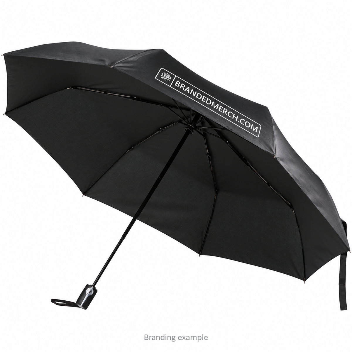 Branded Gale Large RPET Folding Umbrella 27 Inch in black with BrandedMerch logo branding example