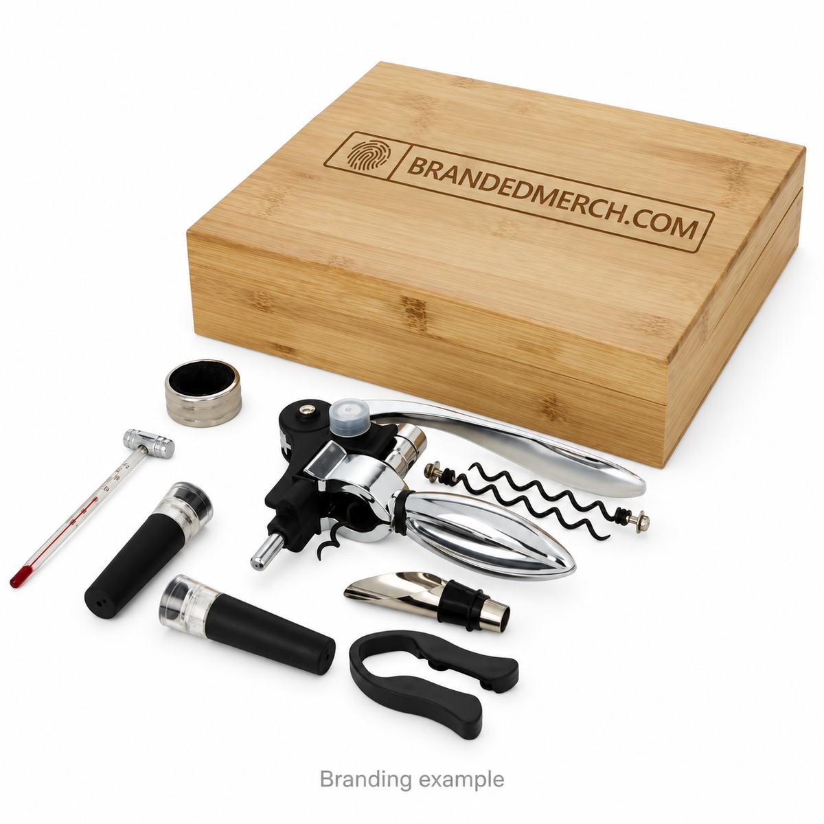 Branded Malbick wine accessory gift set in bamboo box. Branding example.