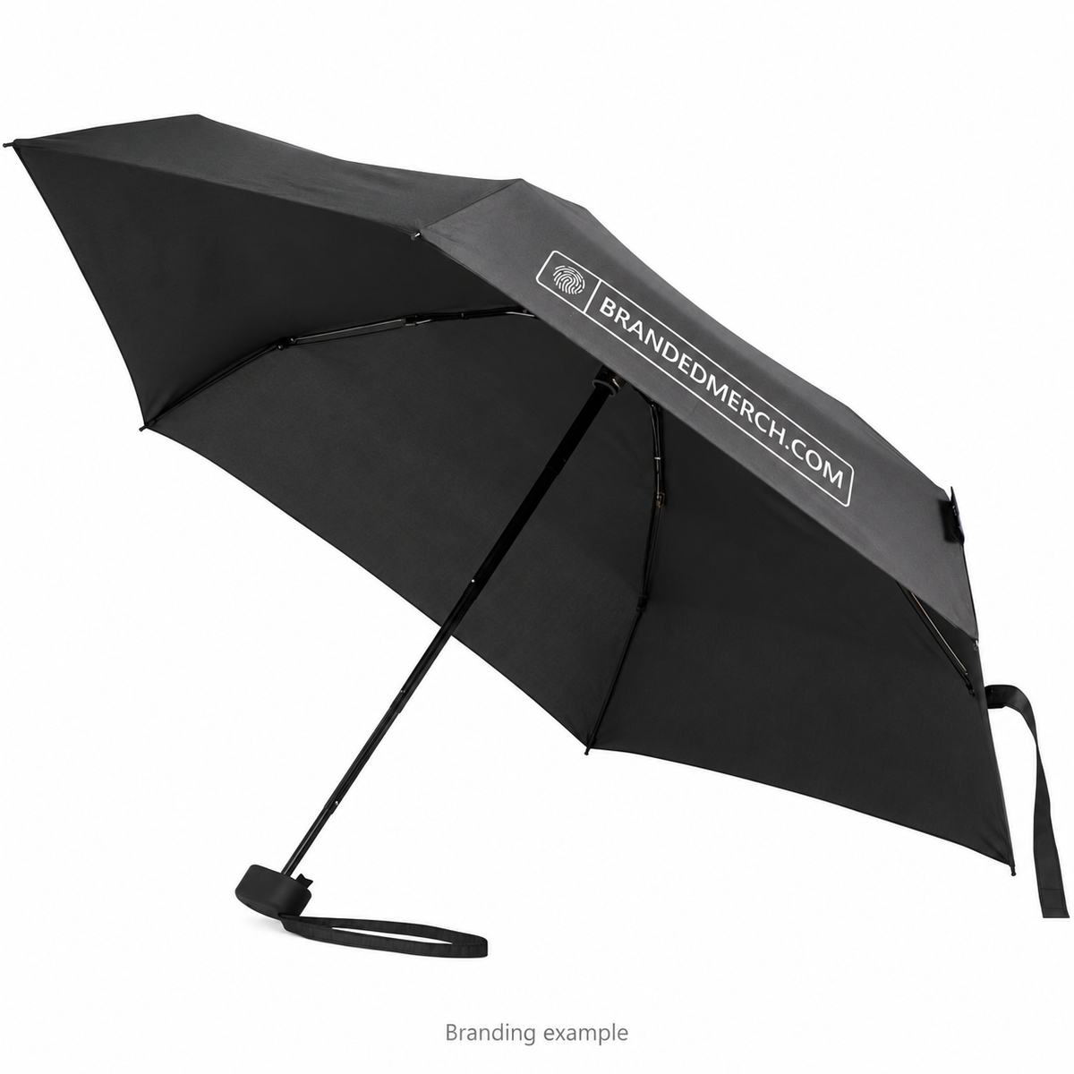 Branded Jill Compact RPET Travel Umbrella 19 Inch in black with BrandedMerch logo branding example