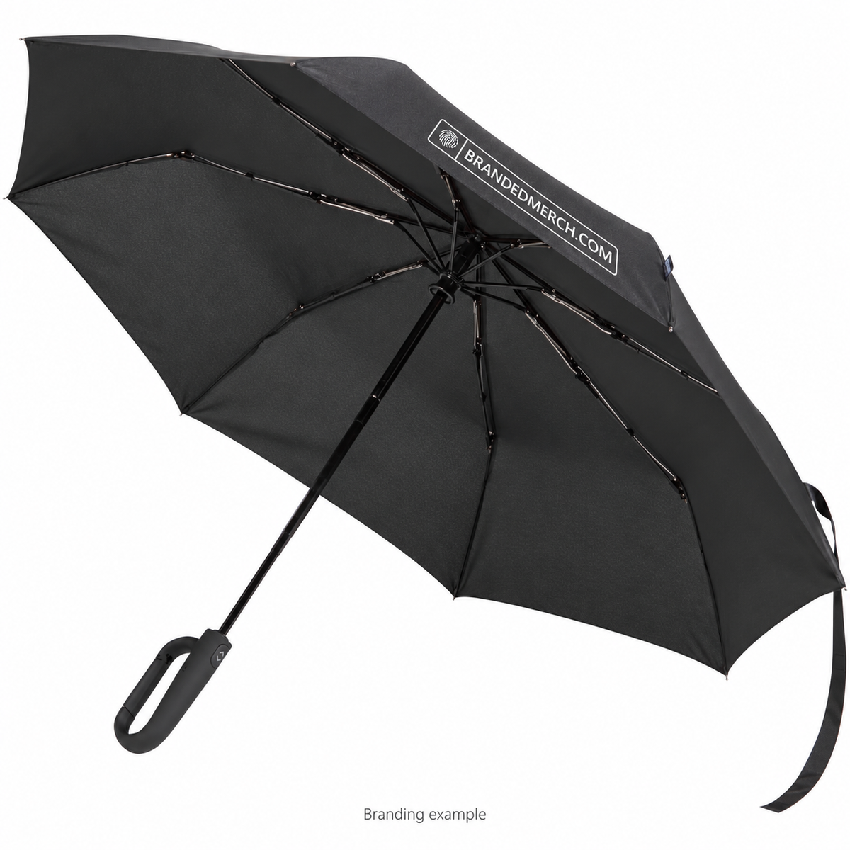 Branded SMART RPET Folding Umbrella with Clip Handle 21 Inch in black with BrandedMerch logo branding example