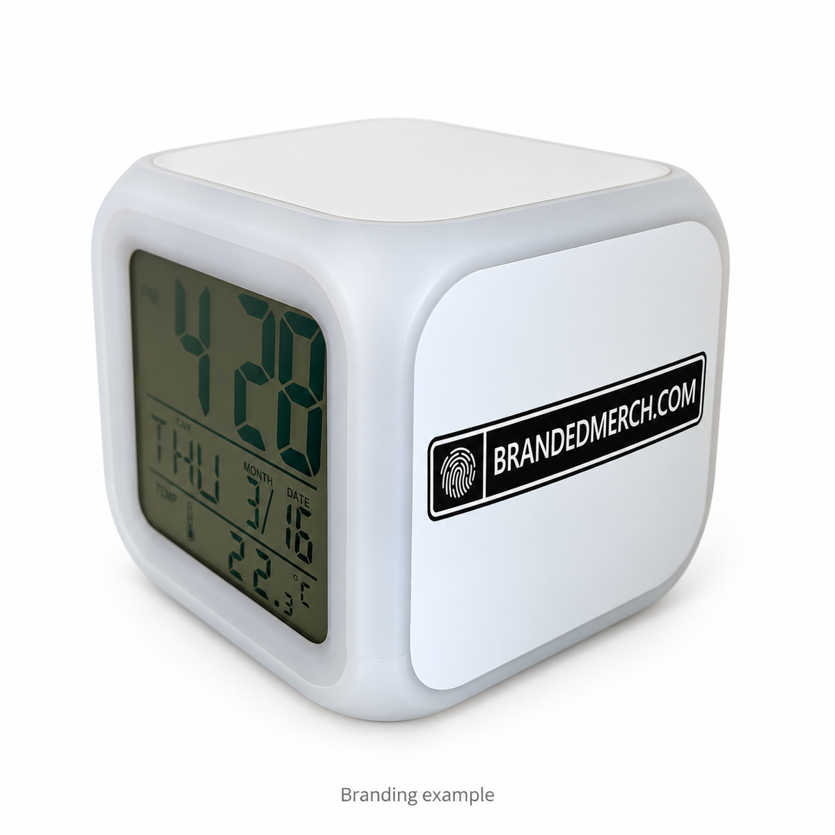 Branded Colour-Changing Digital Alarm Clock with BrandedMerch logo – branding example