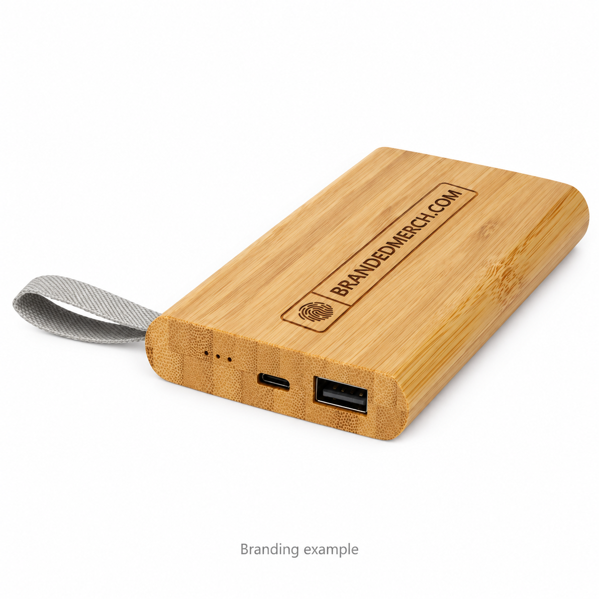 Branded Bamboo Power Bank 5000mAh with BrandedMerch logo – branding example