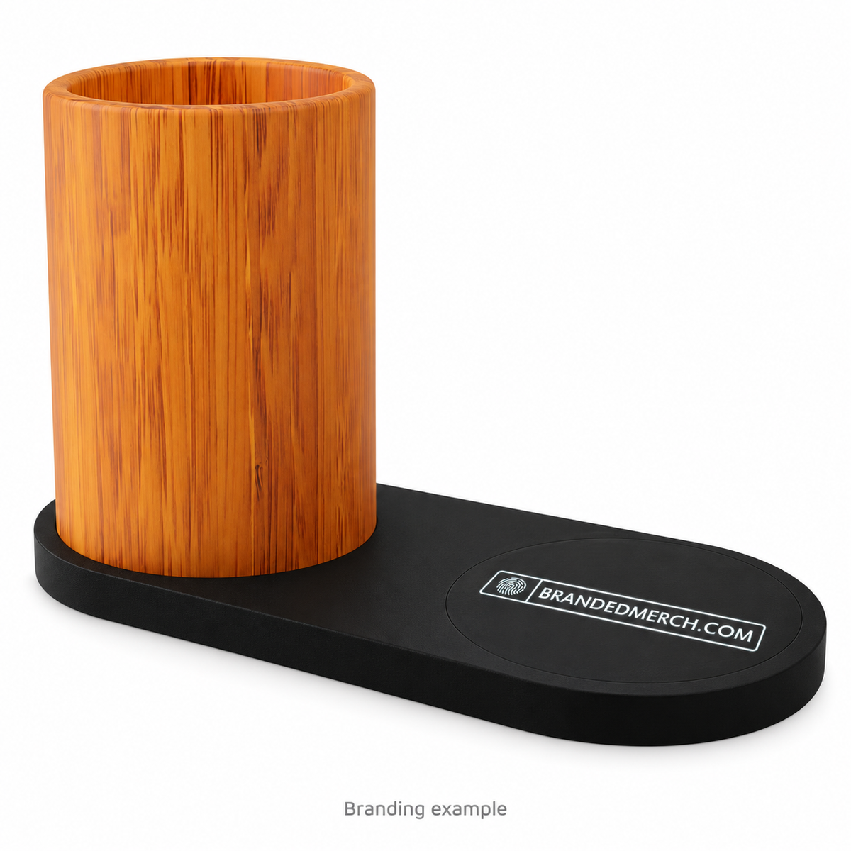 Branded Light-Up Wireless Charger with Bamboo Pen Holder with BrandedMerch logo – branding example
