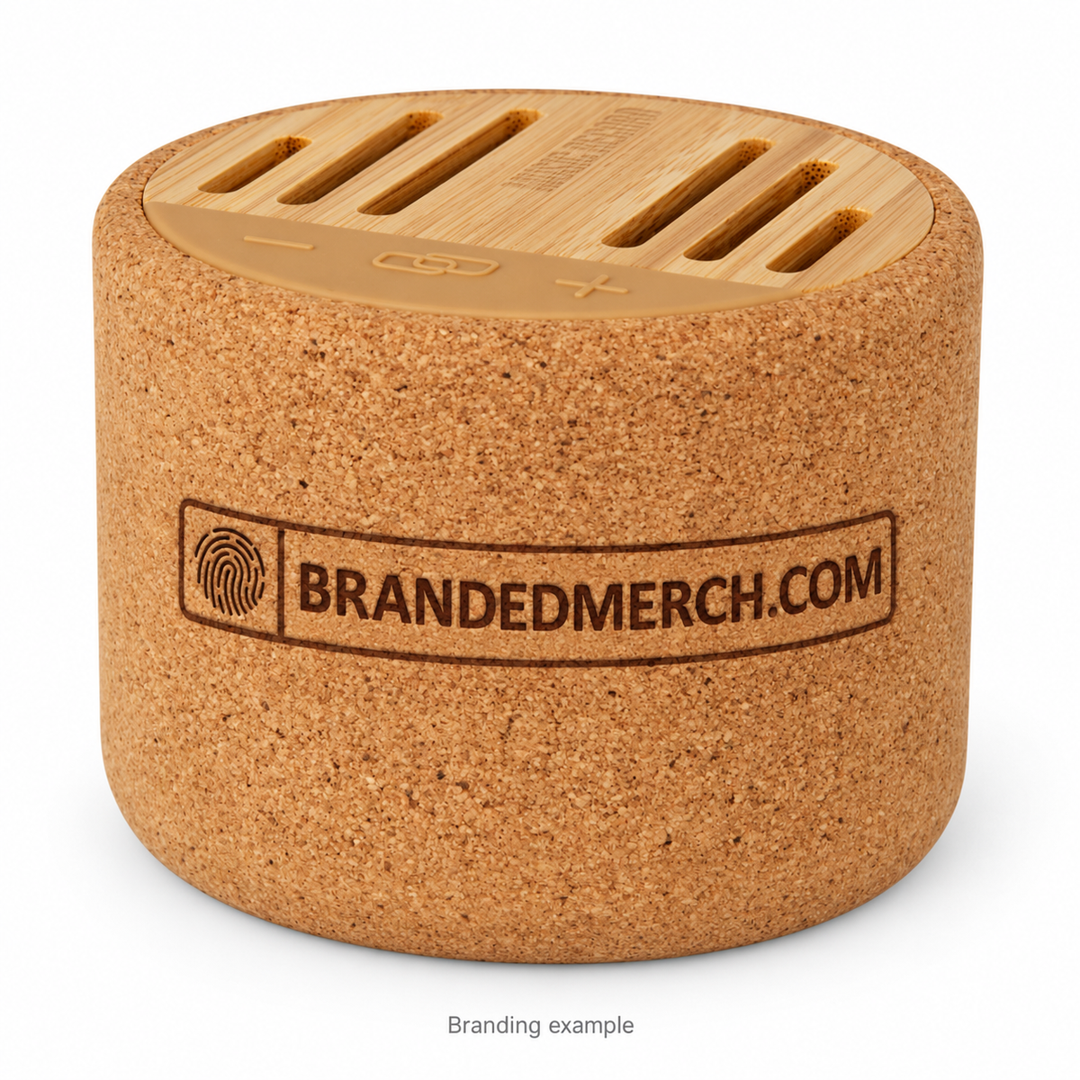 Branded Cork Bluetooth Speaker 5W with BrandedMerch logo – branding example