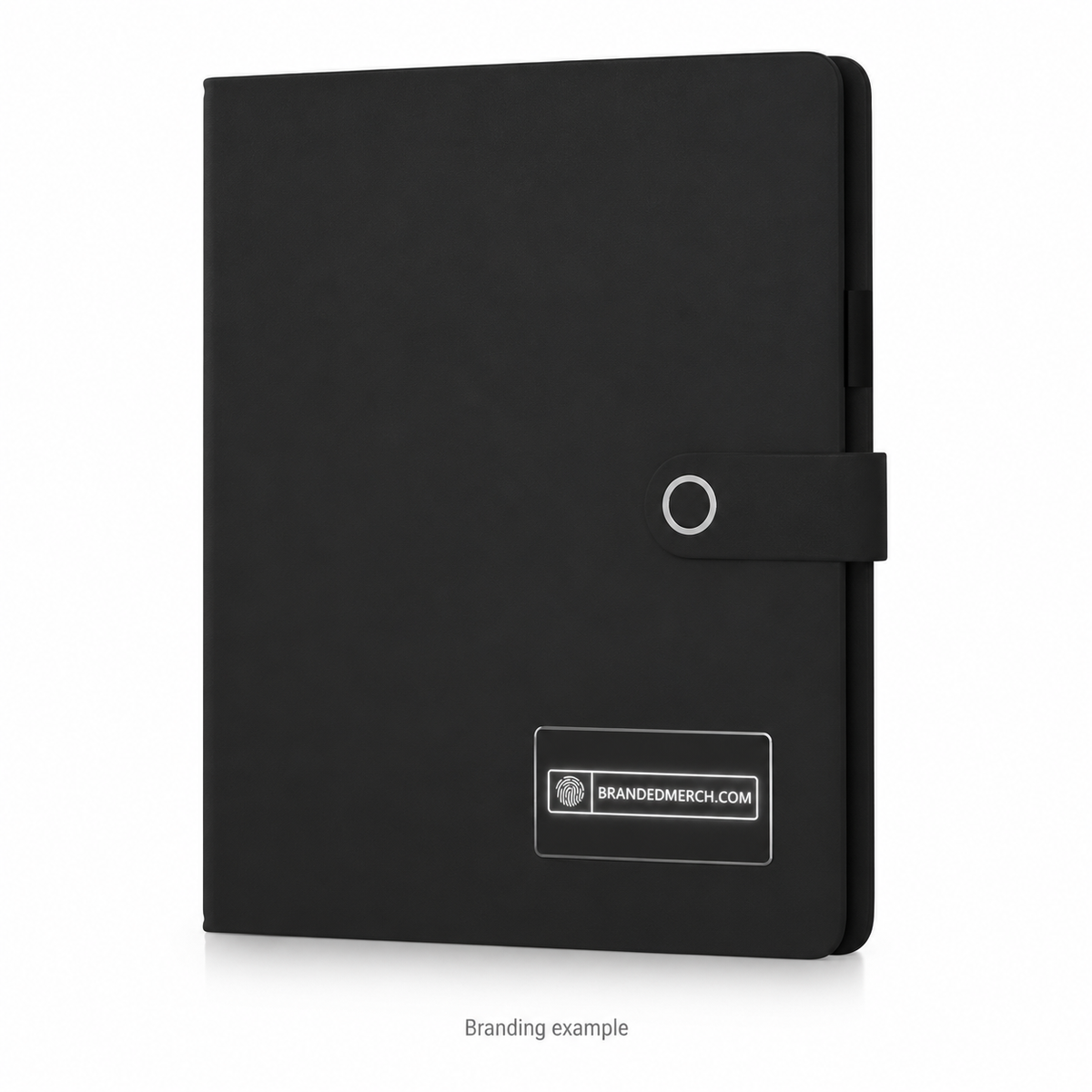 Branded A4 Light-Up Notebook with Power Bank with BrandedMerch logo – branding example