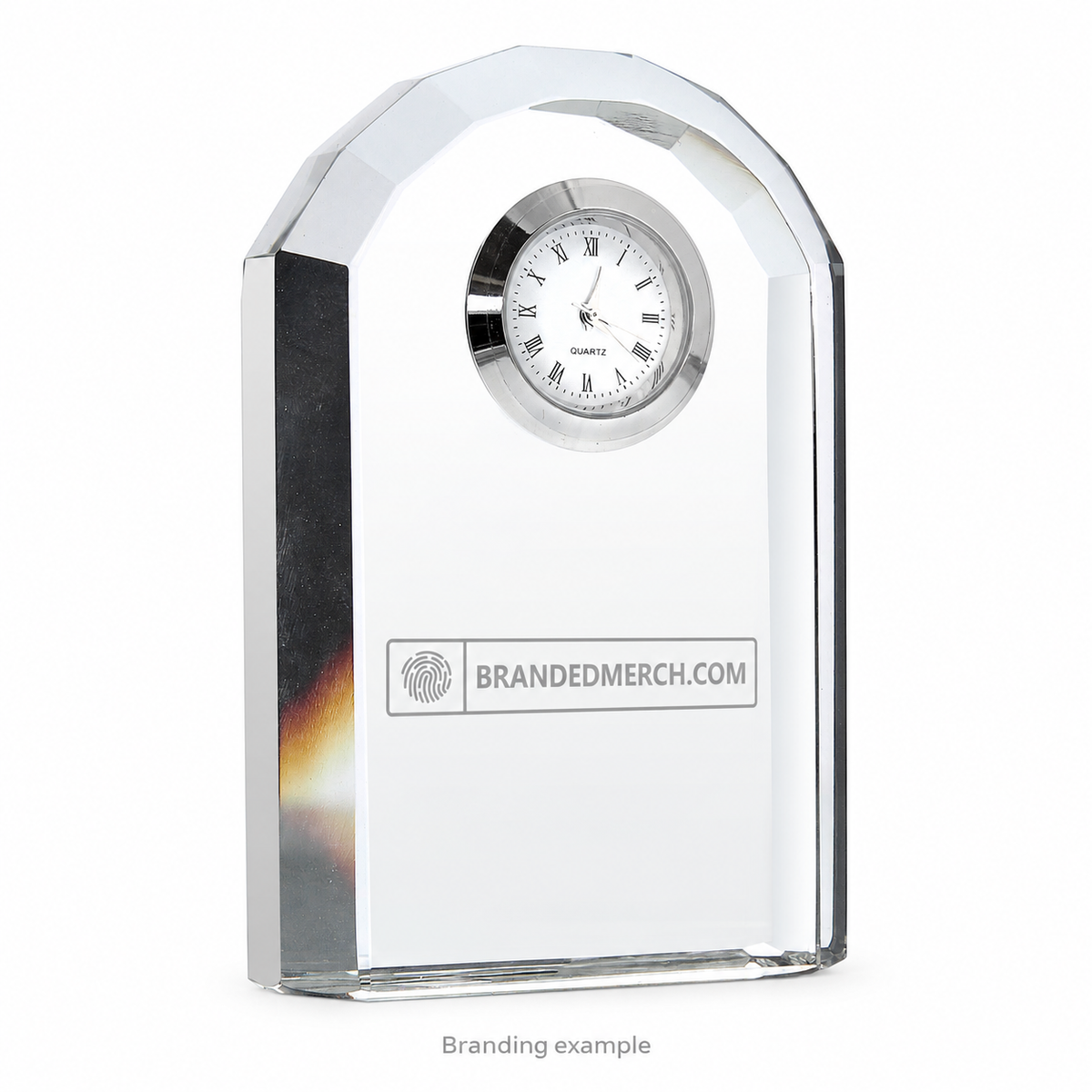 Branded Crystal Desk Clock with BrandedMerch logo – branding example