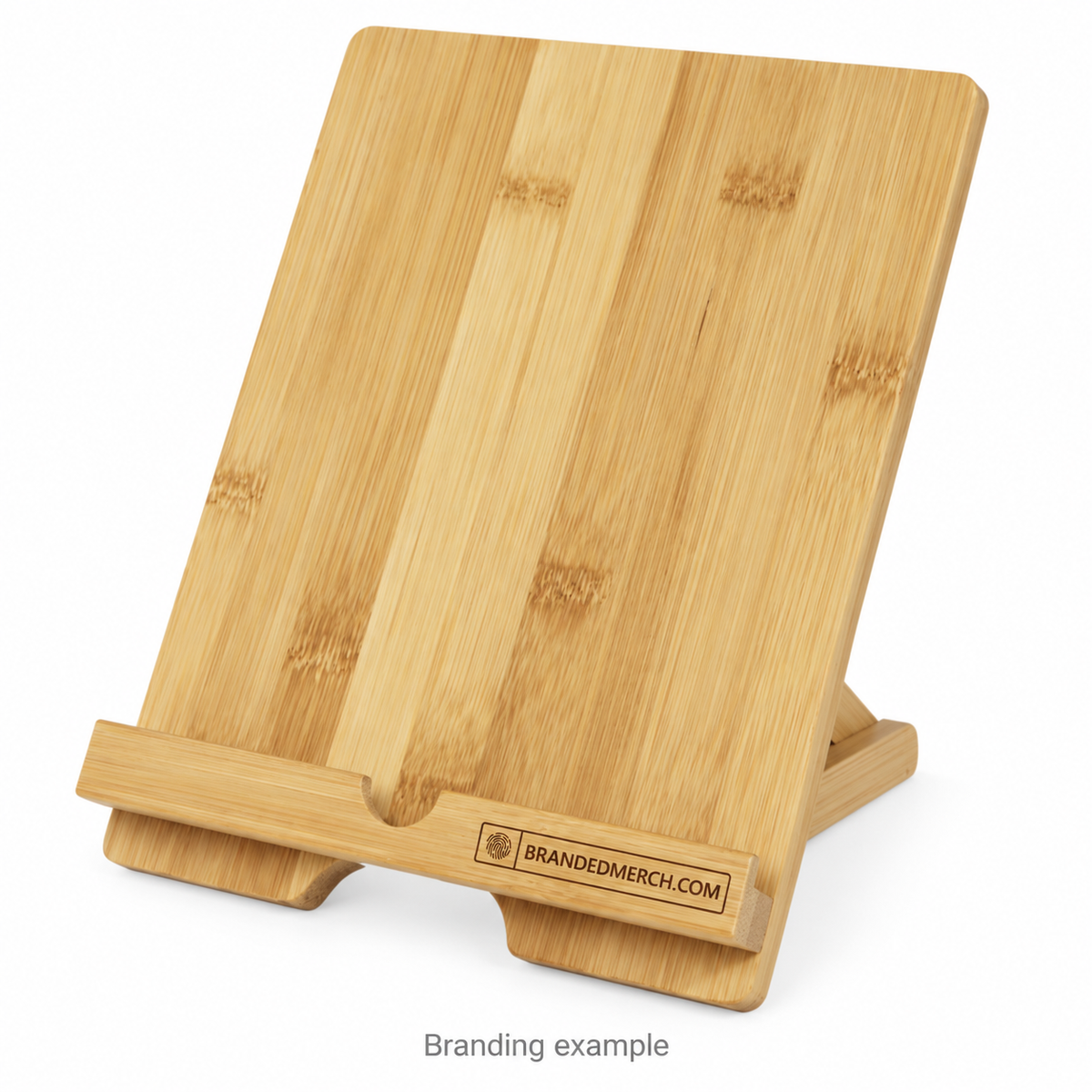 Branded Bamboo Tablet Holder with BrandedMerch logo – branding example