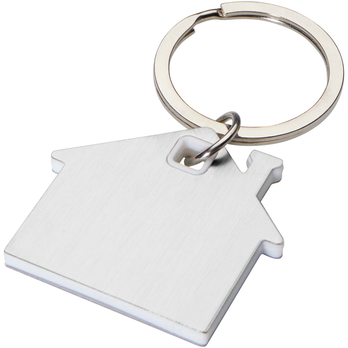 Branded House Shaped Metal Keyring – Nook in White – supplier colour view
