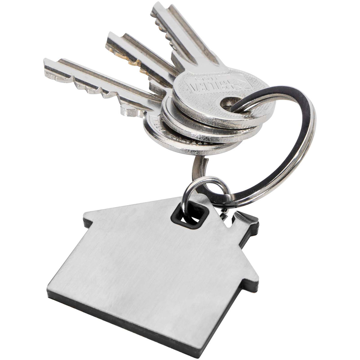 Branded House Shaped Metal Keyring – Nook – Black – keyring attached to keys