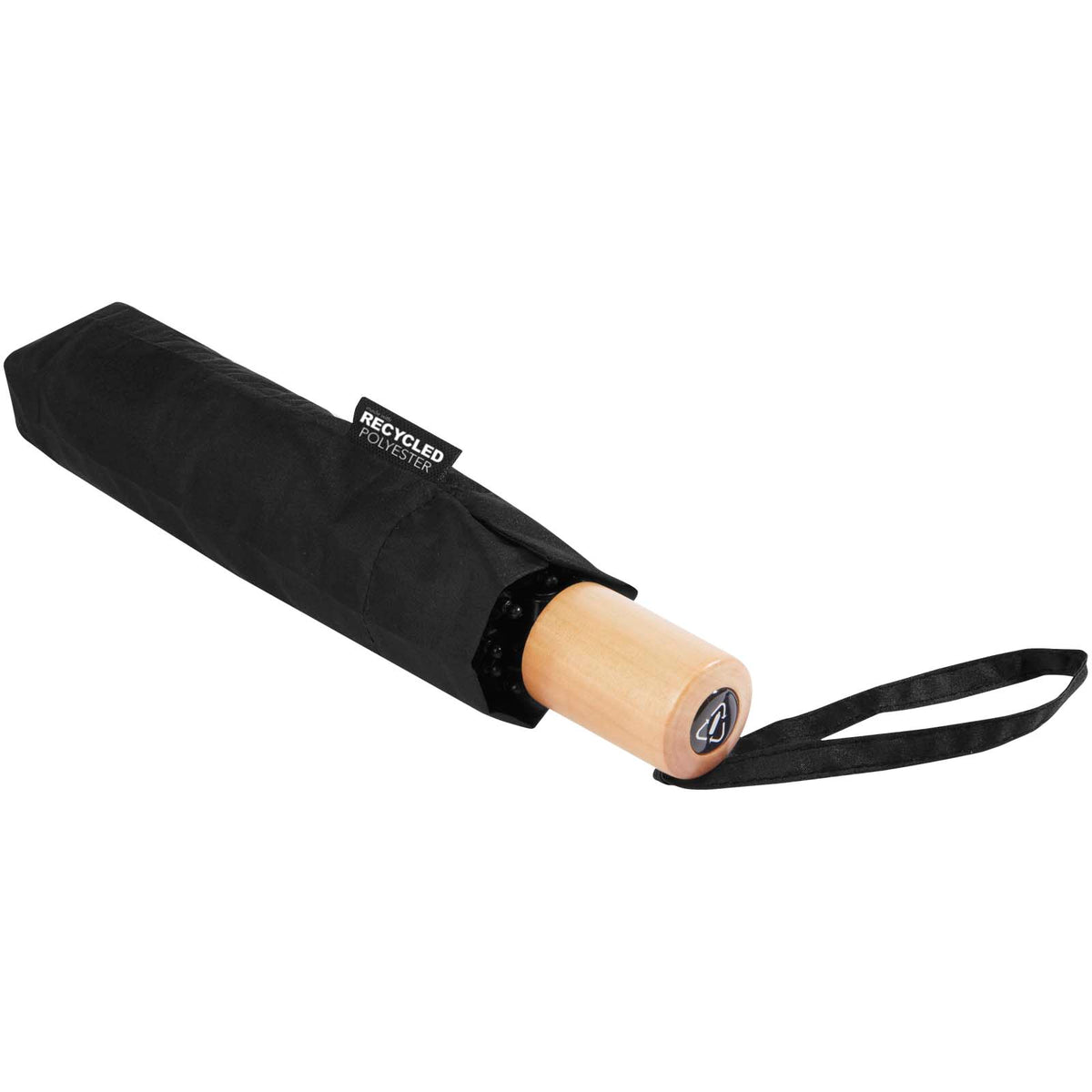 Branded Folding Windproof RPET Umbrella 21 Inch – Birgit – Black – folded umbrella in its carrying pouch