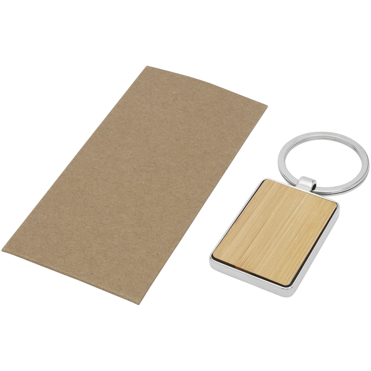 Branded Bamboo Keyring with Metal Frame – Neta – Natural – bamboo keyring with its paper envelope