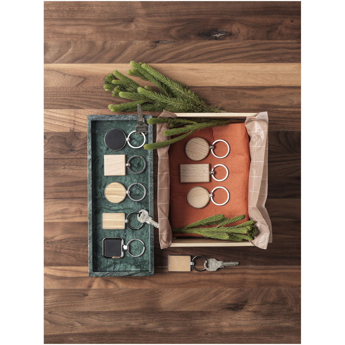 Branded Bamboo Keyring with Metal Frame – Neta – bamboo keyrings in a supplier lifestyle display