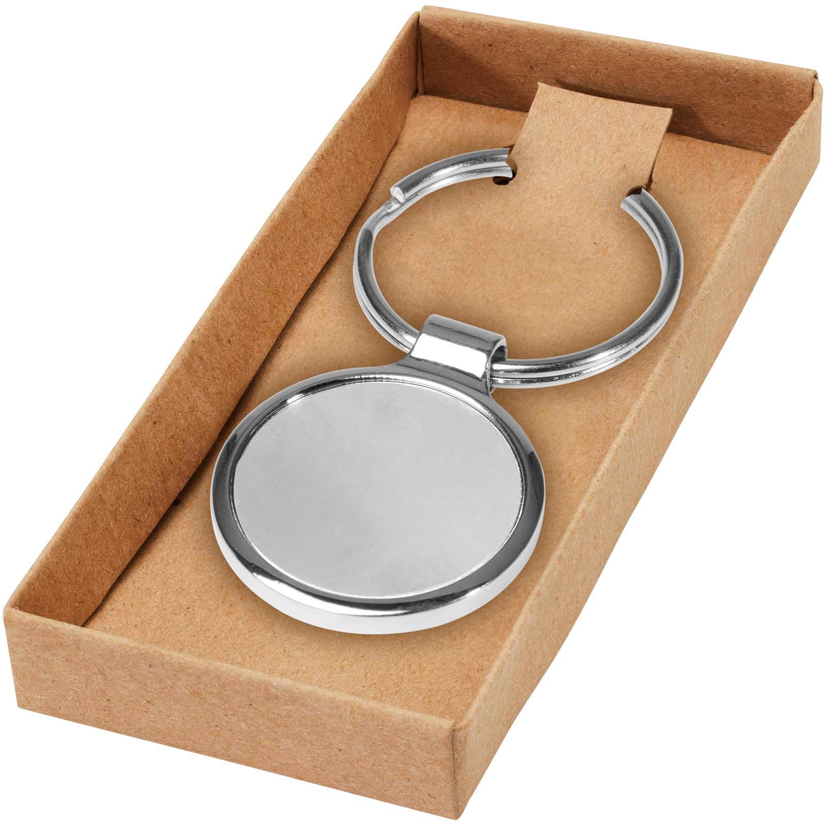 Branded Round Polished Metal Keyring – Orlene – Silver – keyring in its gift box