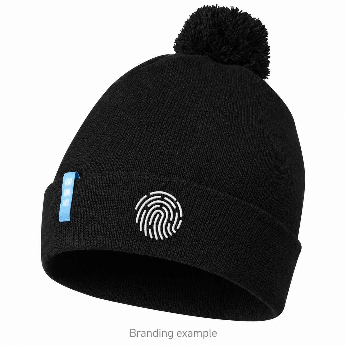 Branded GRS Recycled Pom Pom Beanie with BrandedMerch logo — branding example