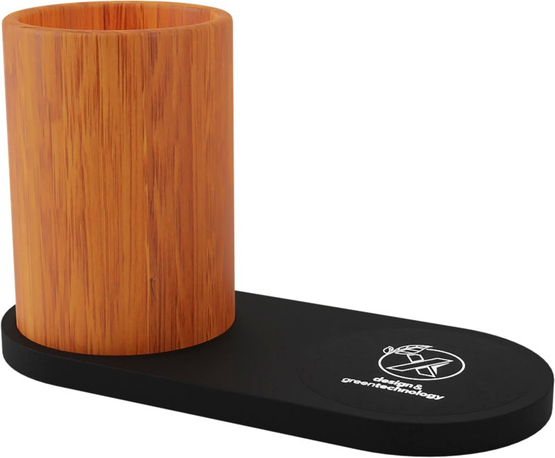 Light Up Logo Wireless Charging Pad And Bamboo Pencil Holder Wood