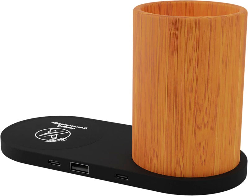 Light Up Logo Wireless Charging Pad And Bamboo Pencil Holder Wood