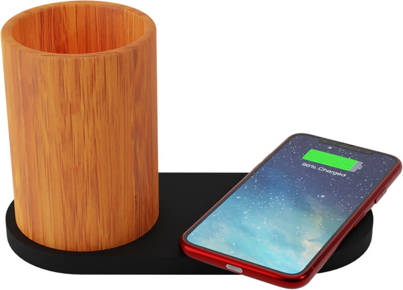 Light Up Logo Wireless Charging Pad And Bamboo Pencil Holder Wood
